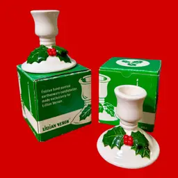 2 PC LILLIAN VERNON Festive Earthenware Candleholder w/ BOX Christmas Holiday