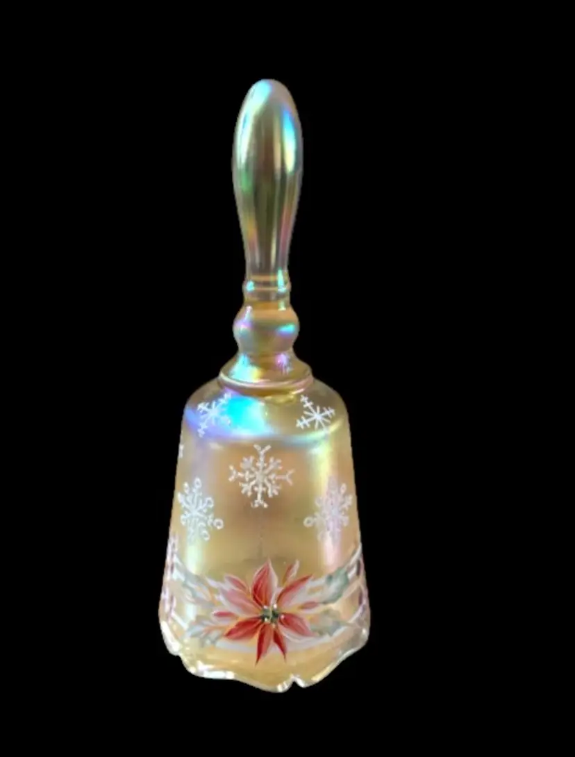 Fenton Glass Iridescent Bell Holiday Snowflake Hand Painted Poinsettia Winter