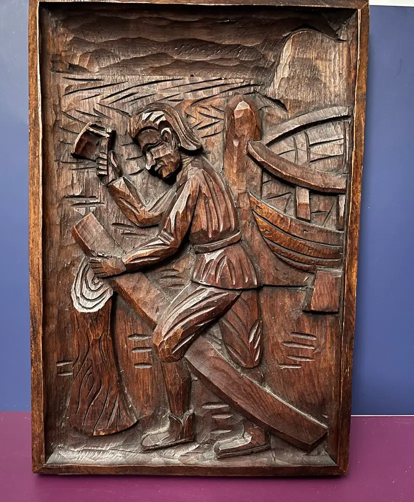 Vintage Hand Carved Wood Bas-relief Ship Builder Wall Plaque  