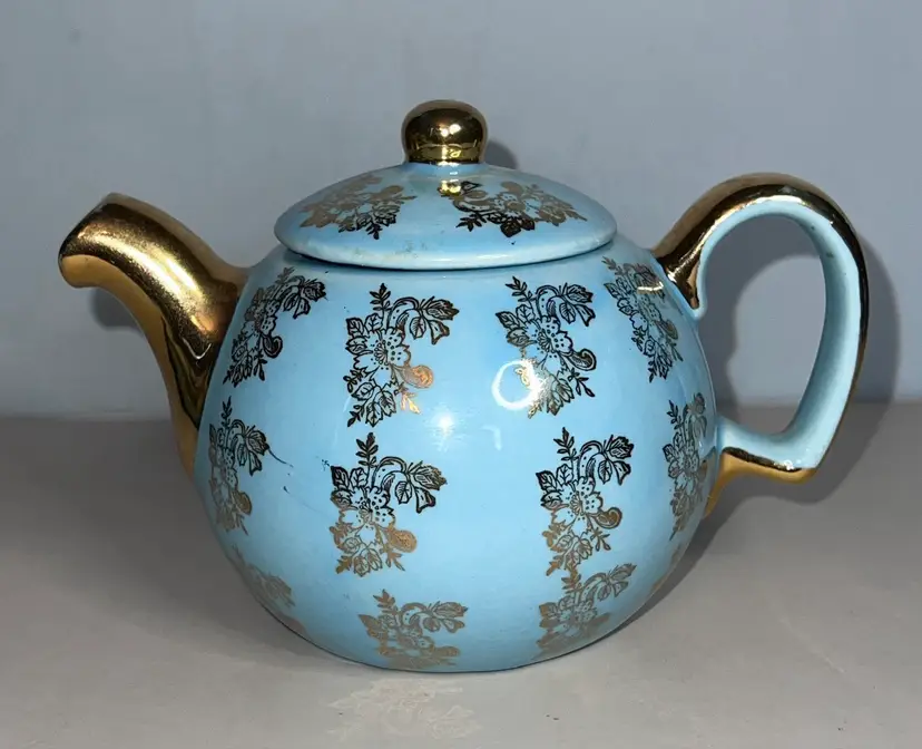 Vintage Hall MCM Blue And Gold Mini Teapot Cottagecore
