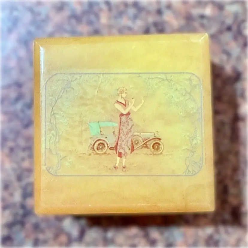 Vintage Alabaster Art Deco Lady Motoring Scene Stone Lidded Trinket Box Made in Italy