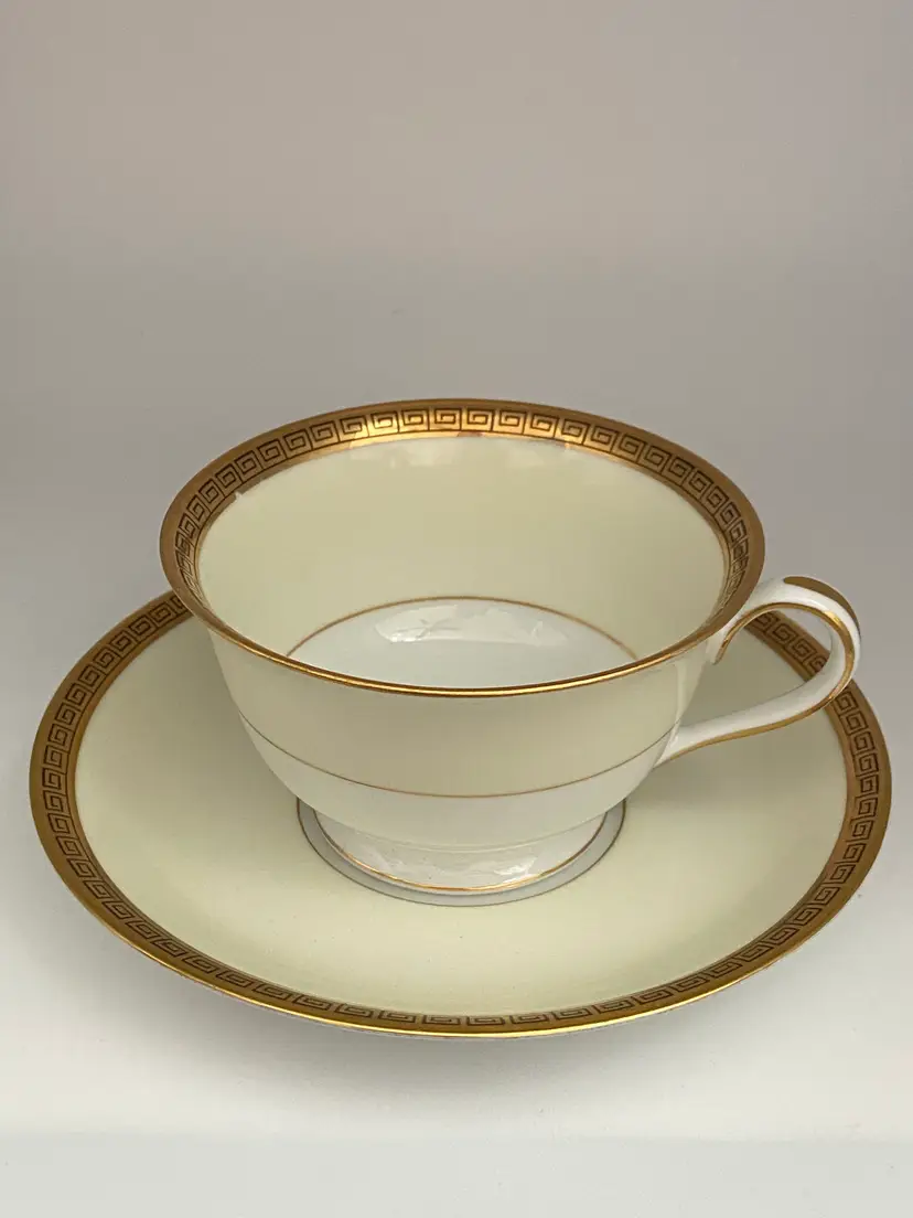 4 Noritake Gracewood, 4984, Greek Key on Gold Band Cup & Saucer Sets
