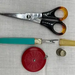 Vintage Sewing Tools - Shearcraft 5” Scissors Made In Korea, Brass Thimble, 40” Measuring Tape Made In Germany, Dritz Seam Ripper