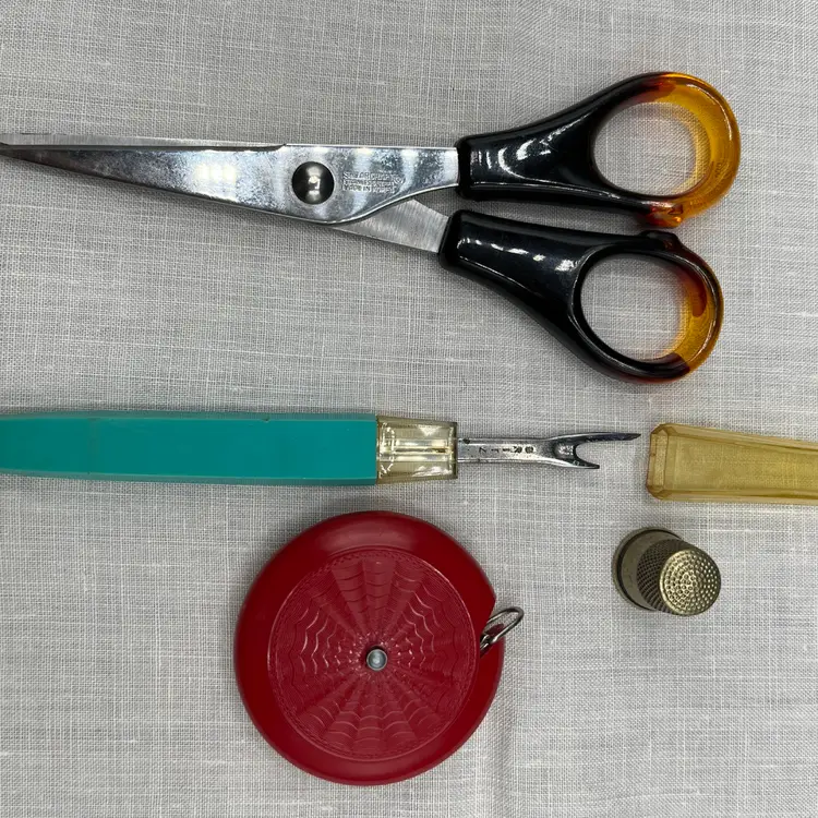 Vintage Sewing Tools - Shearcraft 5” Scissors Made In Korea, Brass Thimble, 40” Measuring Tape Made In Germany, Dritz Seam Ripper