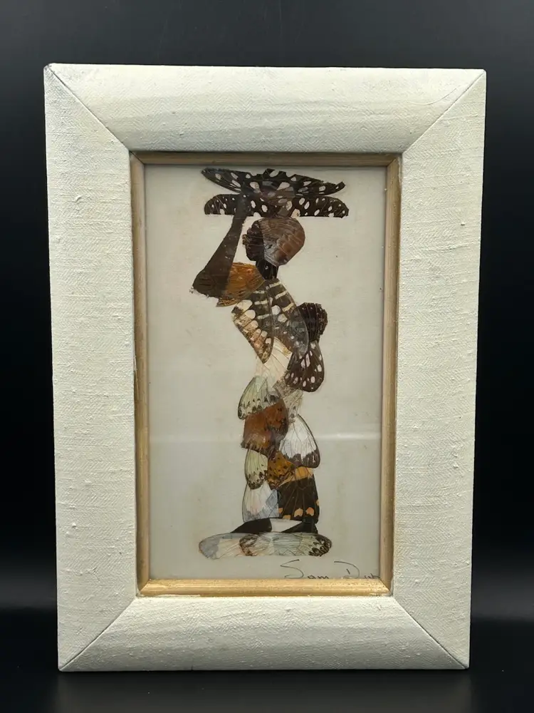 Vintage Mid-Century, Framed Artist Moses Mikumu Original African Butterfly Wing Art