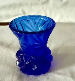 Small Vintage Cobalt Blue Thistle Pressed Glass Vase Or Toothpick Holder