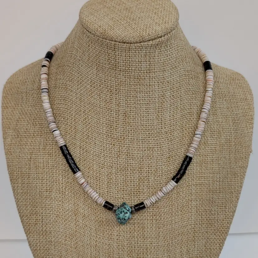 Vintage Cream and Brown Shell Heishi and Turquoise Nugget Beaded Necklace 16”