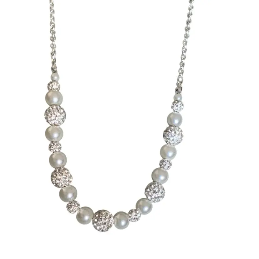 Faux Pearl And Pave Rhinestone Crystal Balls On A Silver Tone Metal Chain