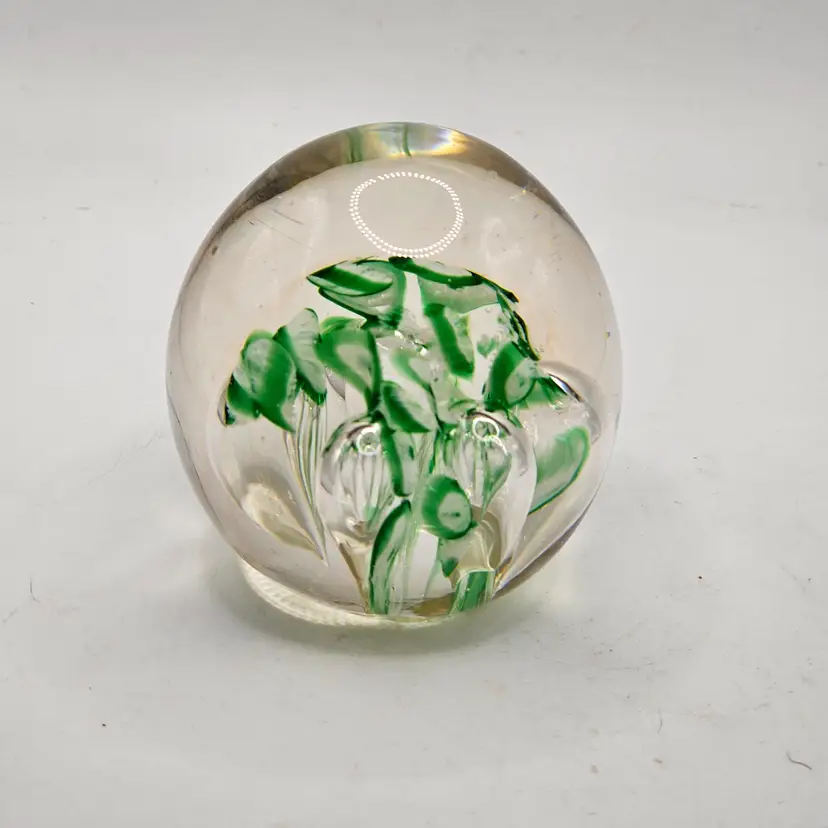 Paperweight Glass With Green And White Floral Design And Bubbles