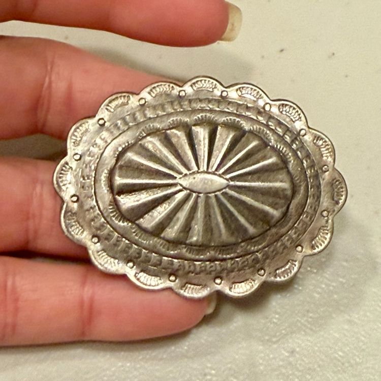 Vintage Sterling Silver Navajo Concho Hand Stamped & Filed Ingot Repousse Brooch 2.25”, 16.3g