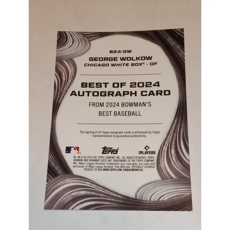 George Wolkow 2024 Bowman's Best Auto #B24-GW Best Of 2024 Autograph Gold Refractor Auto 36/50 White Sox