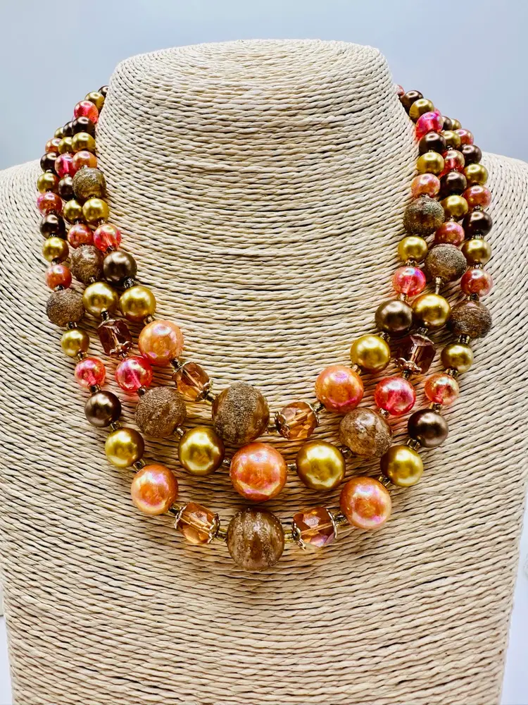 Vintage Japan Peach & Gold 3 Strand Necklace
