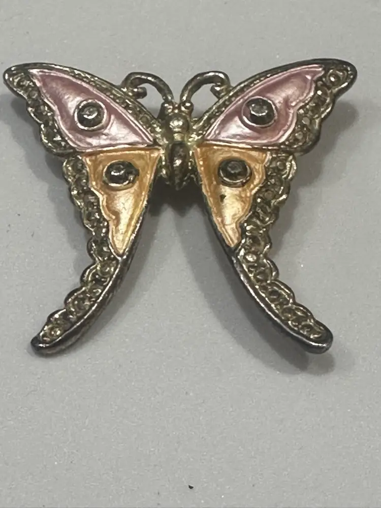 butterfly brooch with pink and orange enamel and rhinestone detailing