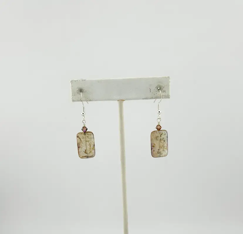 Silver Tone Laser Tattooed Czech Glass Dandelion Pierced Earrings 1.75”