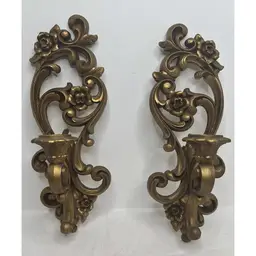 Vintage Pair Hollywood Regency Antique Gold Floral Scroll Wall Sconces (c) 1976