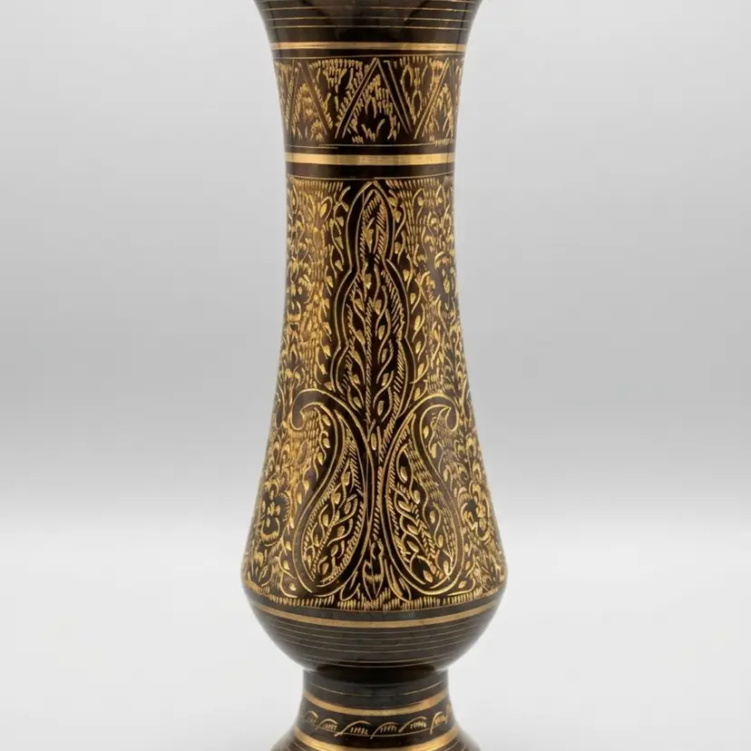 Vintage Moradabad Black Etched Brass Vase Bohemian Floral Metal Art
