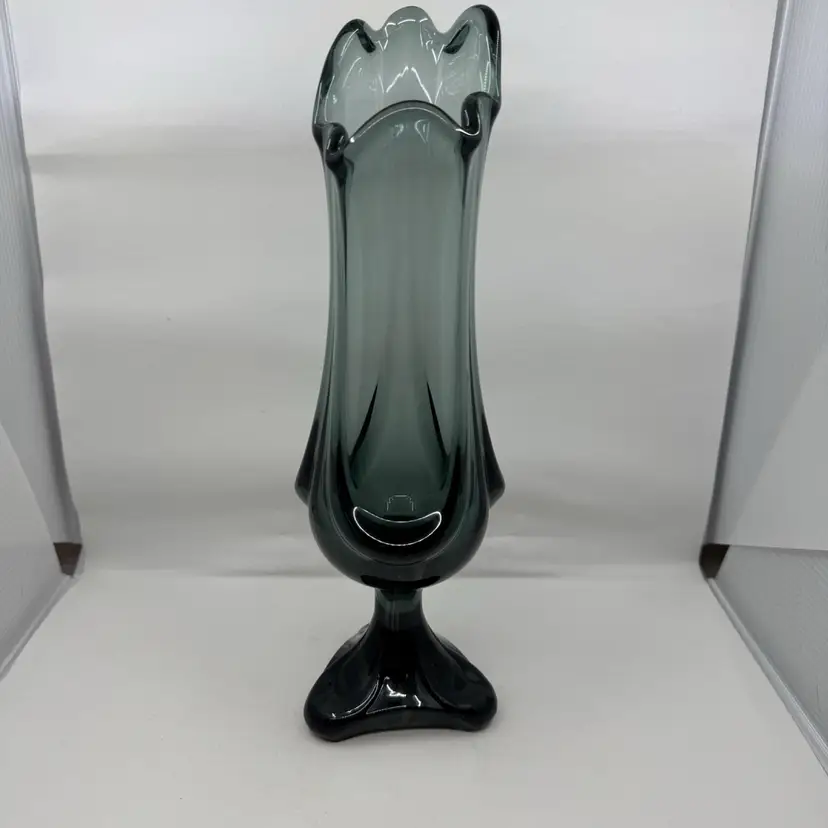 Mid-century Viking Glass smoky charcoal swung vase, 12”, Flawless