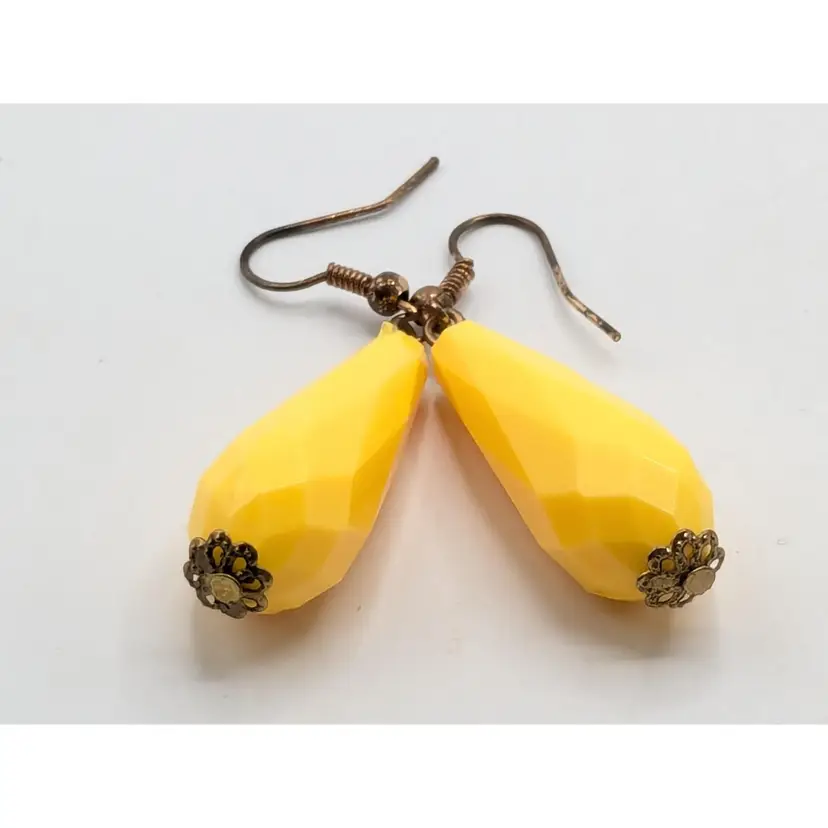 Vintage Yellow Faceted Teardrop Earrings with Floral Accents
