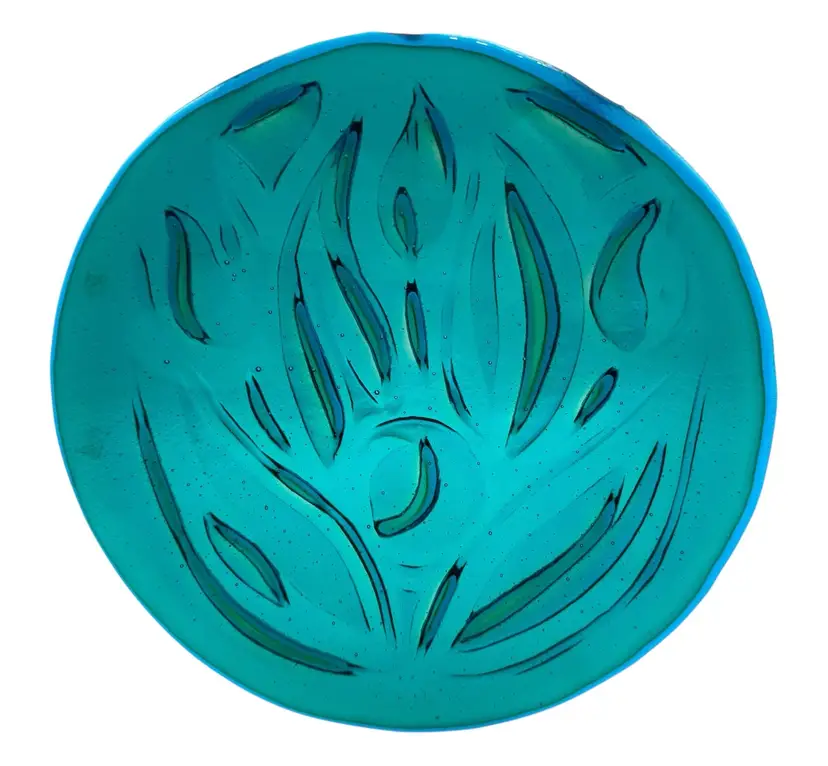 Fused Studio Art Glass Plate Round Textured Teal Blue Floral Abstract Lily 7.5”