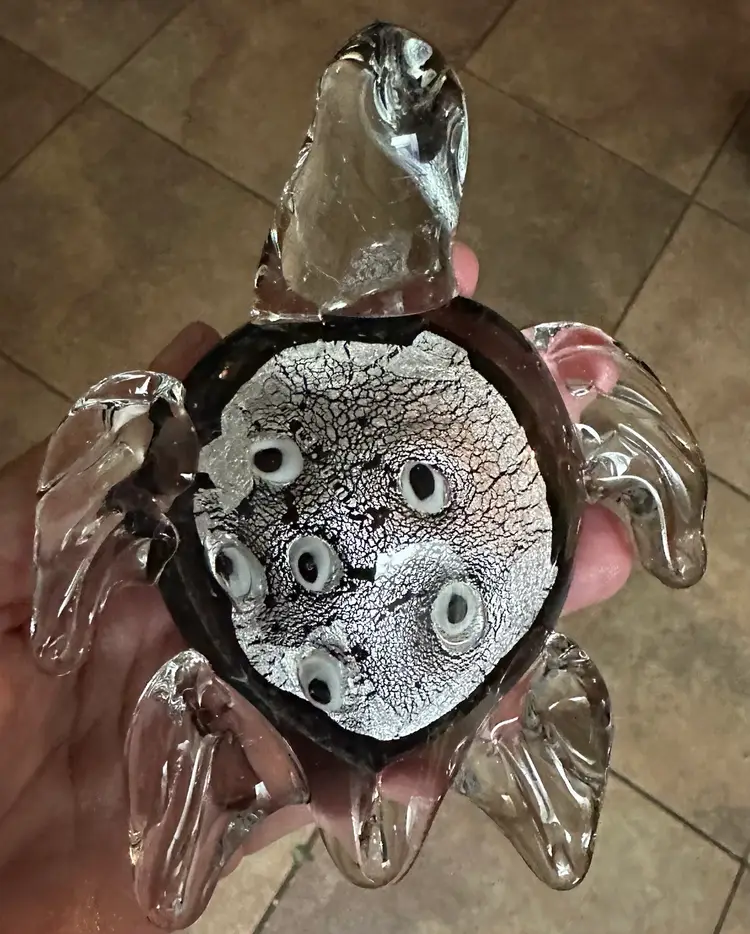 Black Silver gray And clear Hand Blown Art Glass Sea Turtle Paperweight Figurine