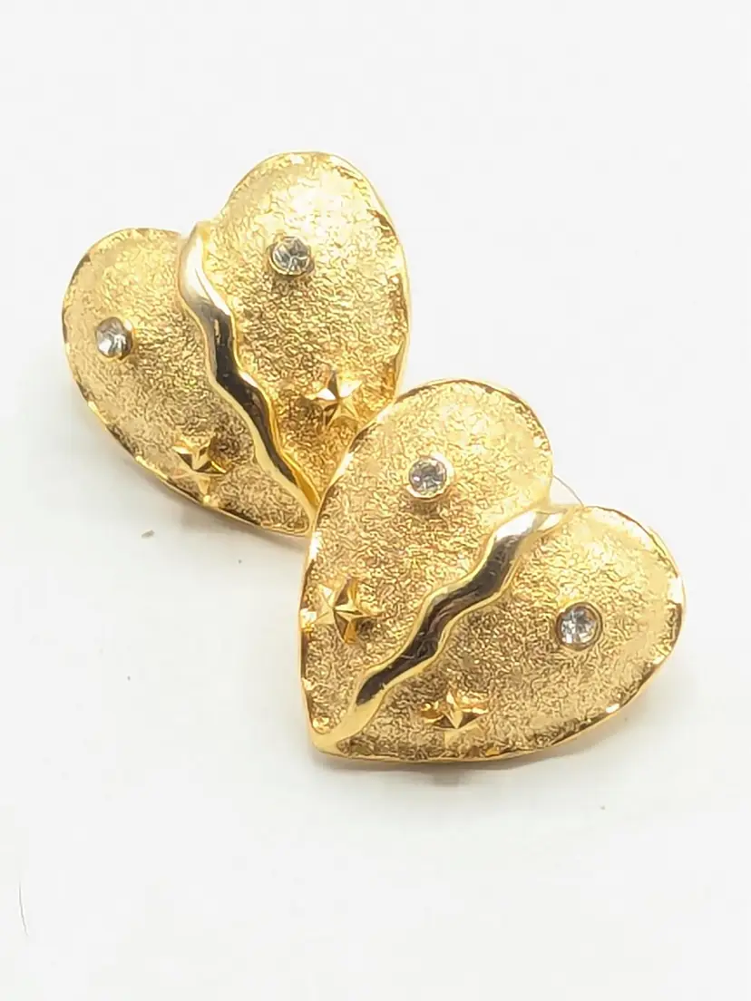 Gold Tone Heart Earrings Rhinestones and Star Accents