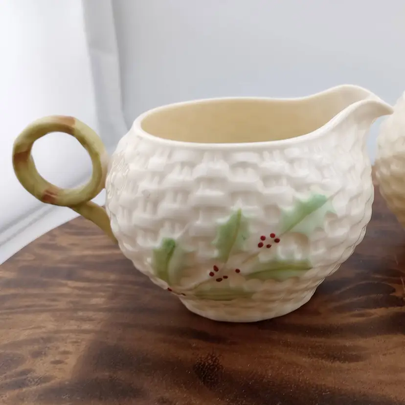 Belleek china open sugar and creamer in the Enchanted Holly pattern