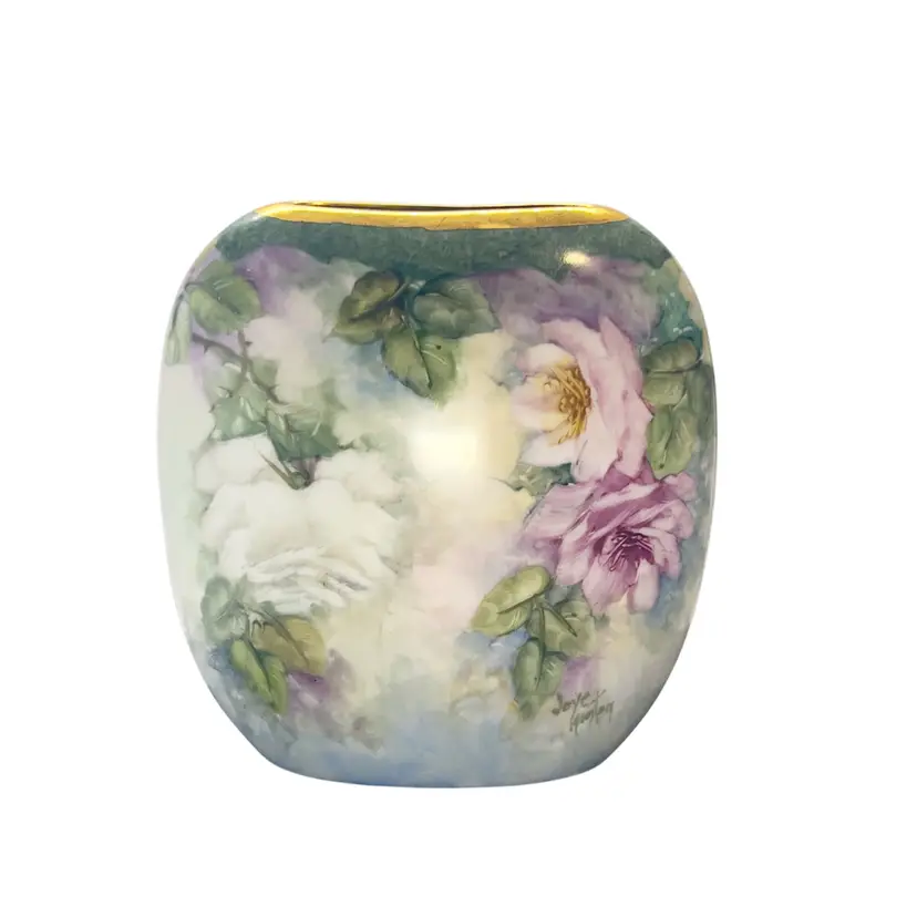 Vintage Vase Hand Painted Pink & White Roses Porcelain By Joye Hinton Owner Southern Lady Studio Early 20th Century