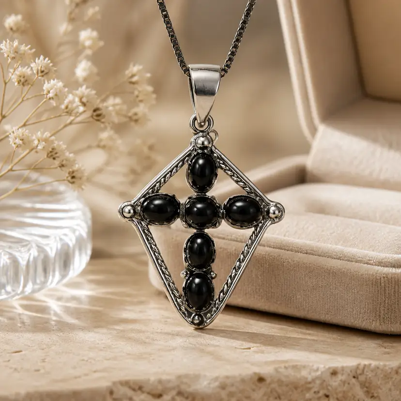 Sterling Silver Cross Pendant w/ 6 Black Onyx Gemstones, 2"