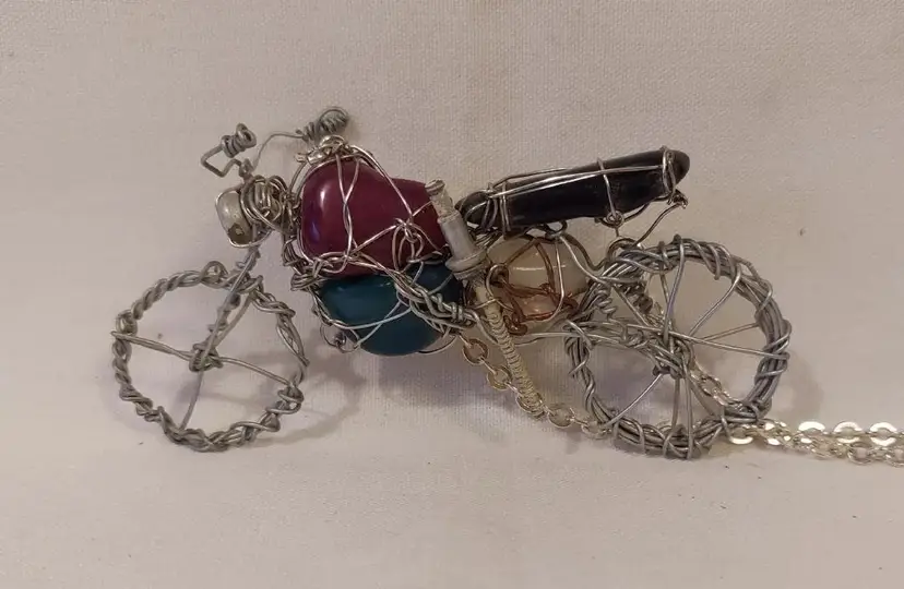 OOAK Handmade Motorcycle Pendant Necklace Wire And Polished Stones Soldier Art