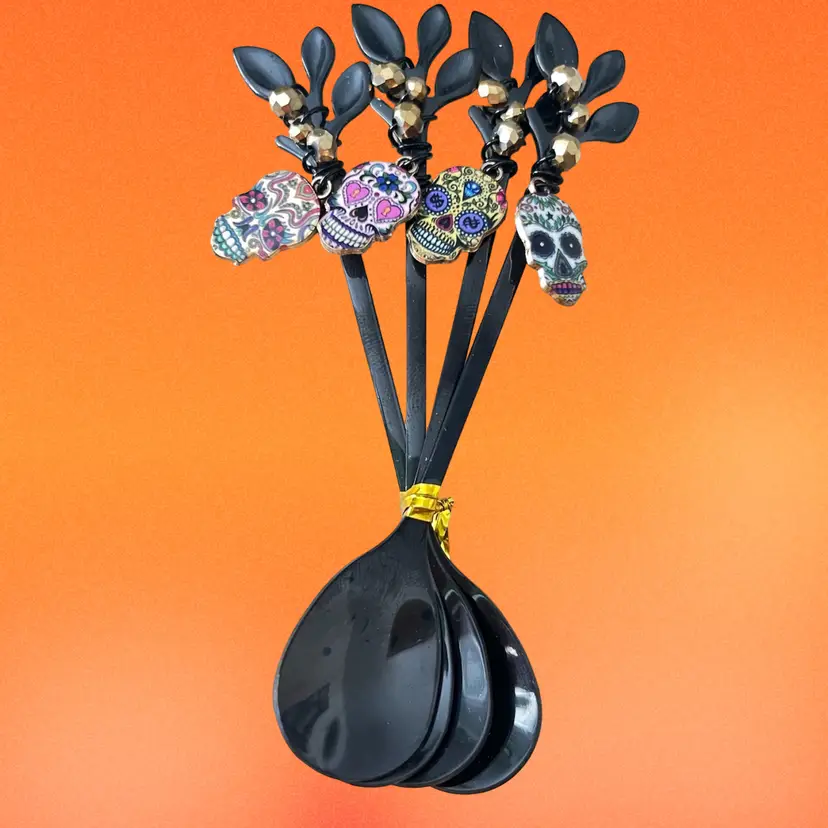 Sugar Skull Dia De Los Muertos Decorated Black Spoons Set Of 4 Assorted*