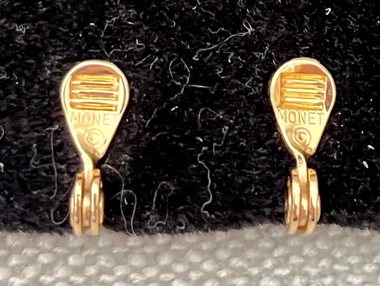 Vintage Monet Clip-On Earrings Faux Faceted Ruby Diamond Gold Tone