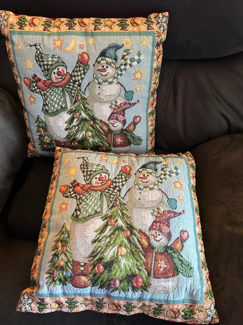 Vintage Christmas Tapestry Throw Pillow Winter Snowman - Lot Of 2