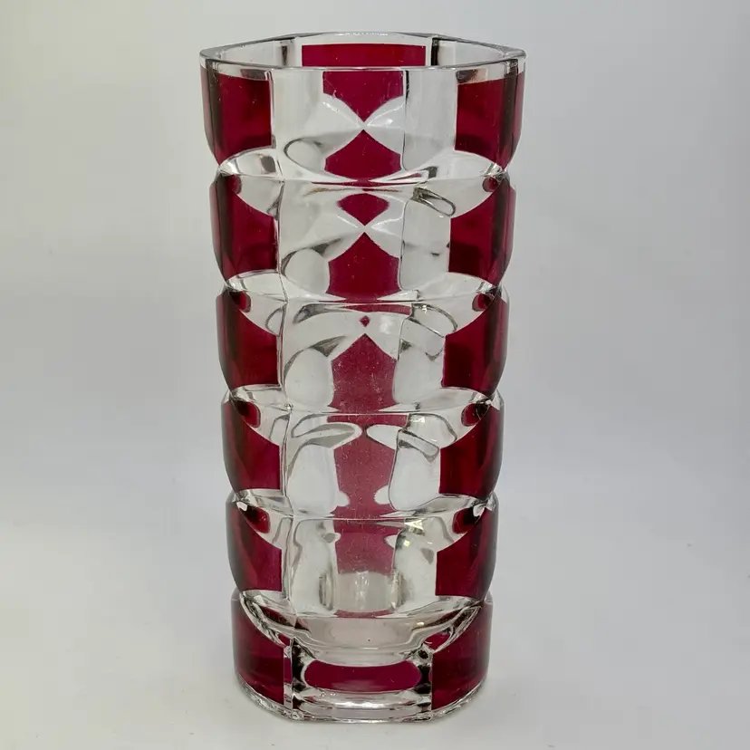 Flash Cranberry Facetted Durand France Glass Vase 6.25”