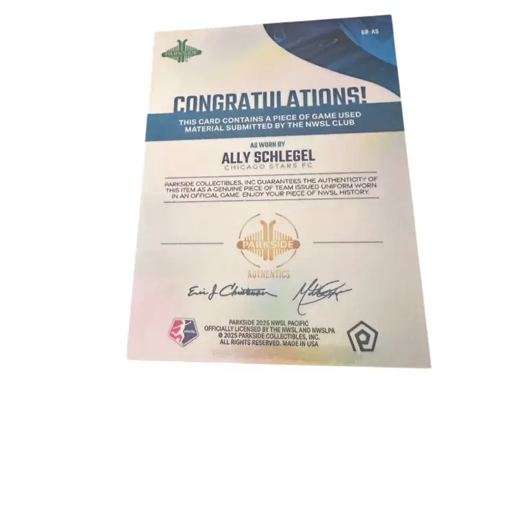 Ally Schlegel 2025 NWSL Parkside Pacific Game Worn Relic