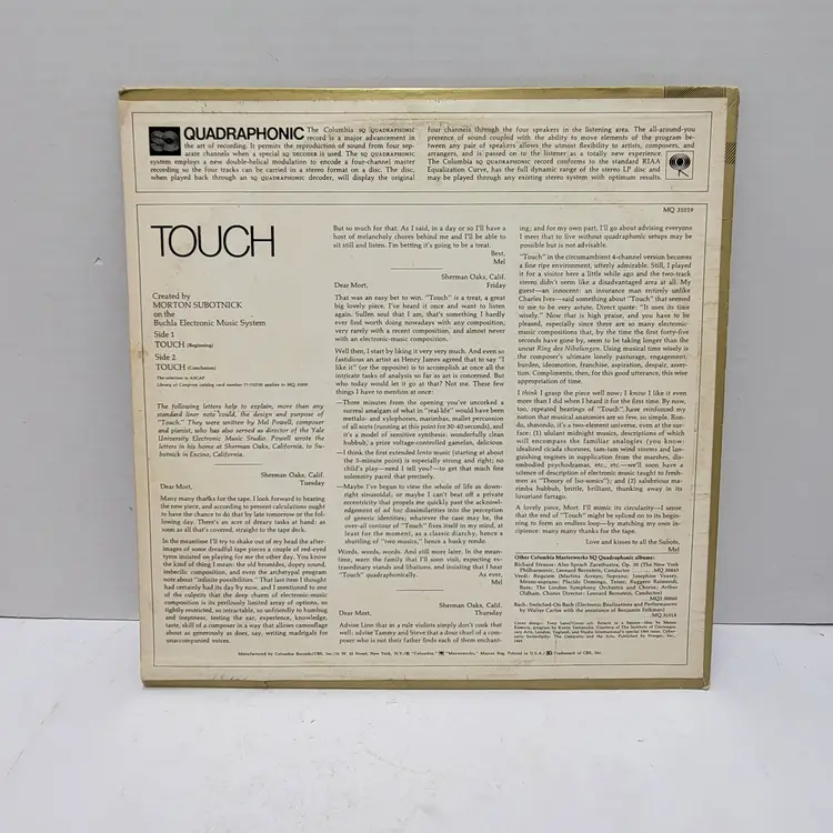 Record Album LP Quadraphonic Touch by Morton Subotnick Untested Sold As Art