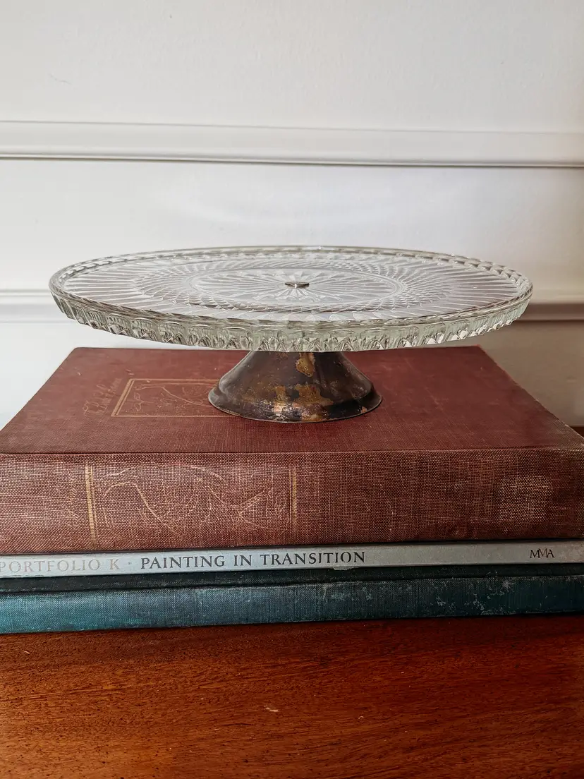 Vintage Thick Crystal Clear Glass Cake Stand