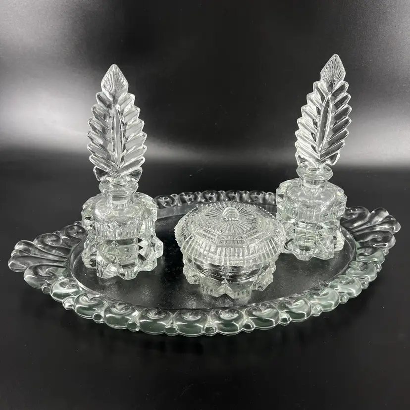 Vintage 7Pc Clear Glass Perfume Bottle Powder Box Tray Vanity Set