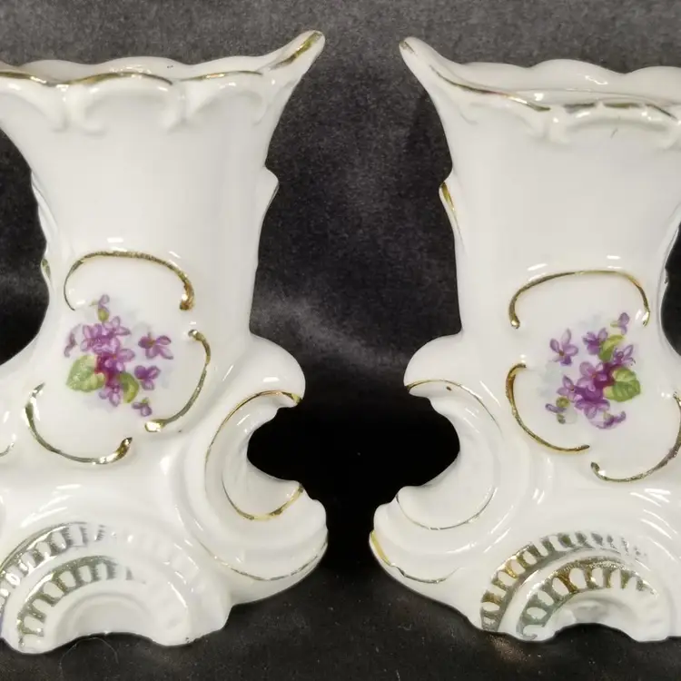 Vintage Porcelain Violet Cornucopia Candle Holders