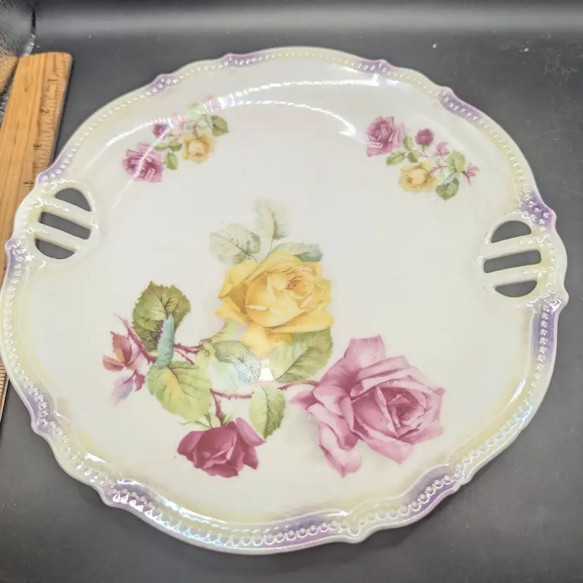 PK Silesia Königszelt Vintage Antique Double Handle Reticulated Plate 9" ROUND As Is