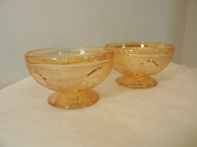 Vtg. Jeanette Iris & Herringbone Marigold iridescent Sherbet Dessert Bowls Set of 2