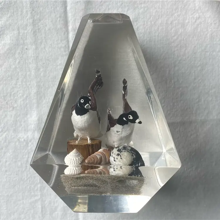 MCM Vintage Geometric Sea Birds Lucite Paperweight 5.5”