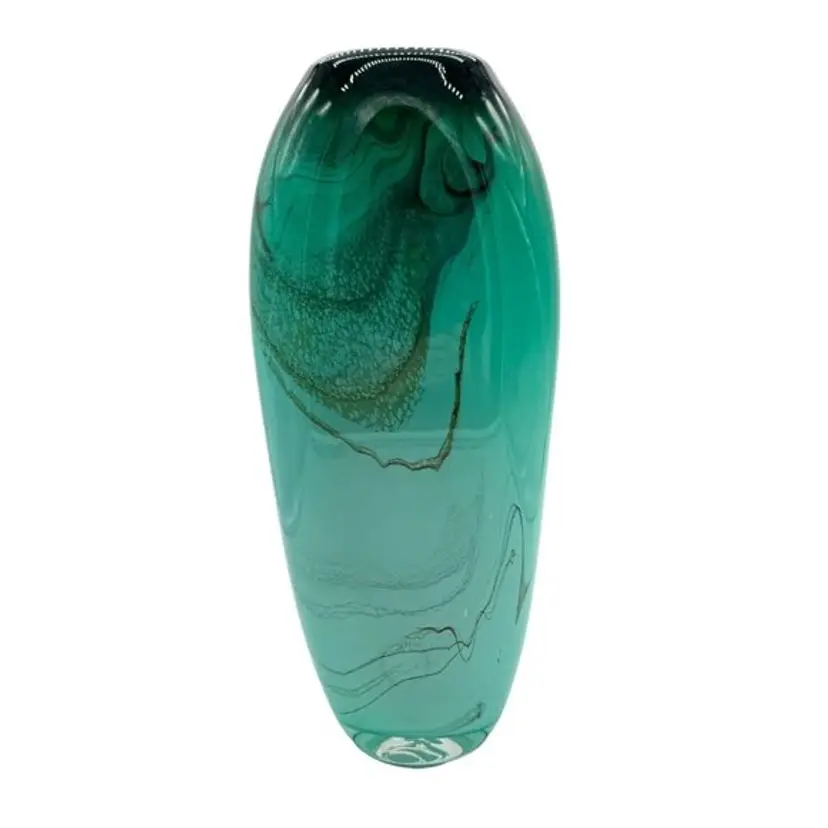 Dan Bergsma Art Glass Vase Signed Hand Blown Cased Sea Green Swirls WHITE CIRCLES POLISHED 13"