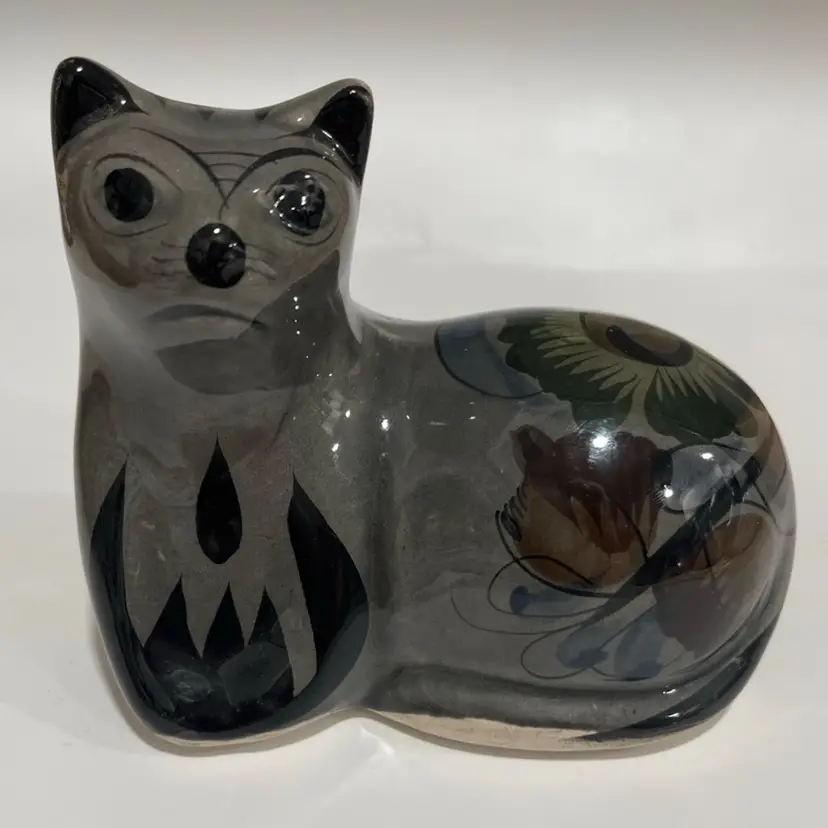 Mexican Pottery-Tonala-Gray Cat – Hand-Painted Floral –  Folk Art – 6” Long, 4.25” Tall- Beautiful!
