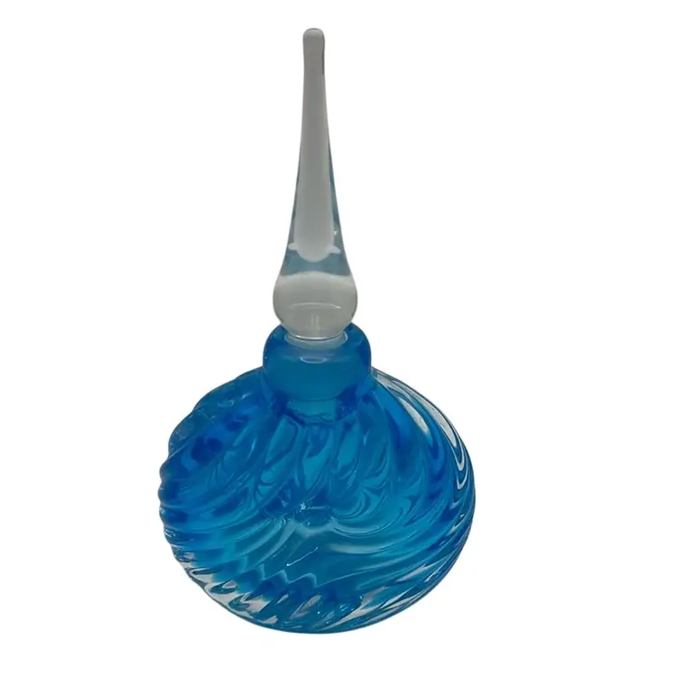 Signed Vandermark Blue Swirl Art Glass Perfume Bottle, 6” Tall With Dauber