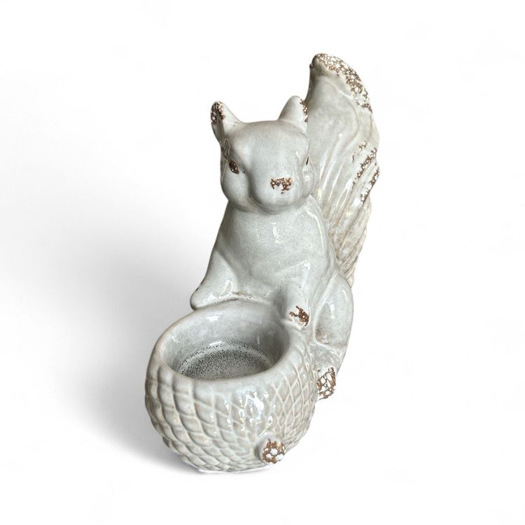 Decorative White Chippy Squirrel Ceramic Figurine Candle Holder Or Trinket Dish