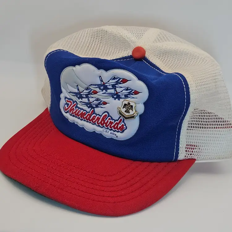 1983 USAF Thunderbirds Trucker Hat + Official Thunderbirds Pin – Rare Airshow Collectible