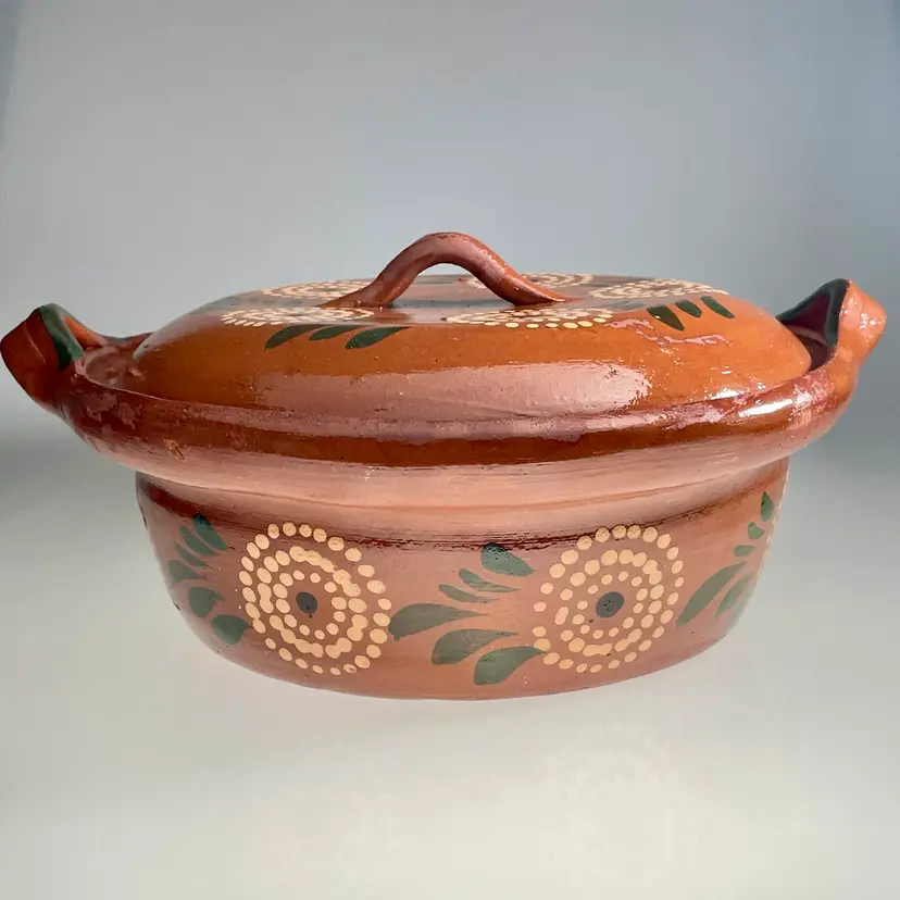 Cazuela de Barro con Tapa Red Clay Cooking Pot w Lid Mexican Pottery Vintage 10.5"