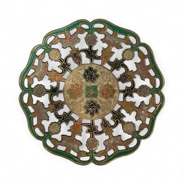 Vintage Brass Enameled Trinket Dish With Floral Design And Scalloped Cut Out Edges