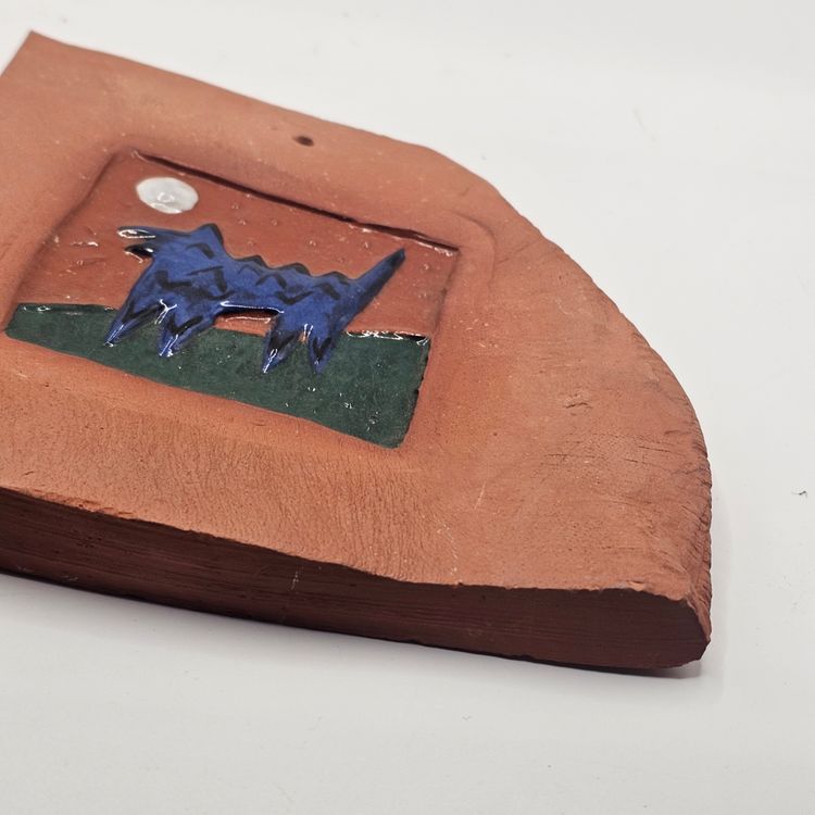 Studio Art Pottery wall hanging enamel wolf coyote vintage Signed Daria Smith 92