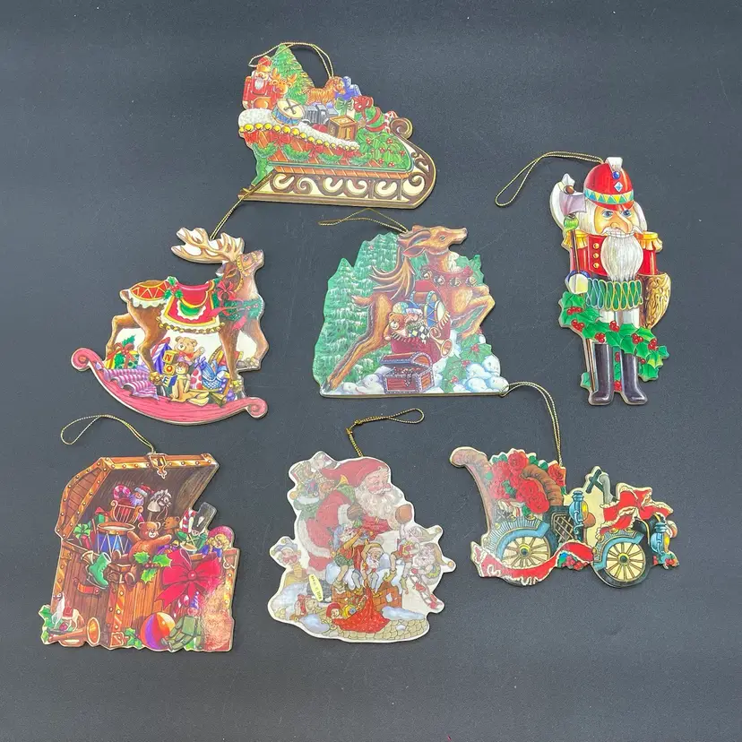 Lot of 7 Hard Cardboard Hanging Christmas Ornaments Reindeer Santa Sleigh Car